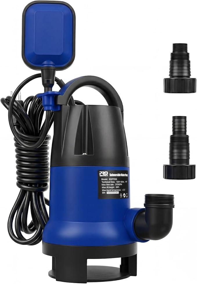 Sump Pump, Prostormer 1HP 3700GPH Submersible Clean/Dirty Water Pump with Automatic Float Switch for Pool (Blue)