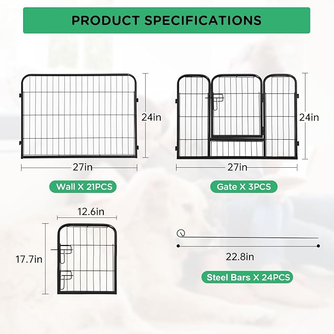 BestPet | Dog Playpen | 24 Inch, 24 Panels | Heavy Duty Metal Pet Exercise Pen | Indoor Outdoor Fence Panels | Rust-Resistant, Removable, Tool-Free Setup | Anti-Skid, Expandable Design