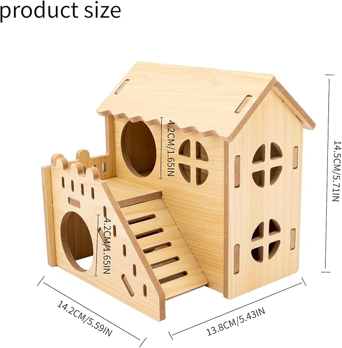Natural Wood Hamster Habitat Hideout Cage Accessories, Maze Cabin with Fun Slide & Double-Decker House, Exercise Toys for Dwarf Hamsters, Gerbils, Mice, Other Small Animals(Only for Small Hamster E)