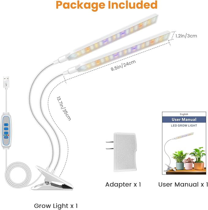 Kullsinss Clip-on Grow Lights for Indoor Plants, 114 LEDs 15W Plant Light | White 2-Gooseneck Plant Lamp for Seedlings, Full Spectrum Growing Lamp with Red/Blue/Yellow/White LEDs, Timer & Dimmable