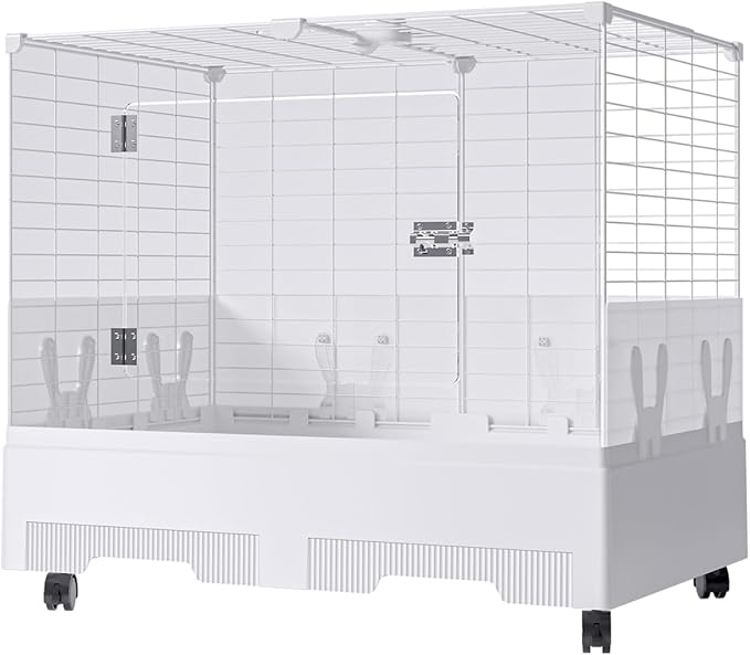 Oneluck Deluxe Small Animal Cage Indoor with Pull Out Tray,Transparent Habitat for Rabbit,Urine Guard,Easy to Clean,White (Transparent)