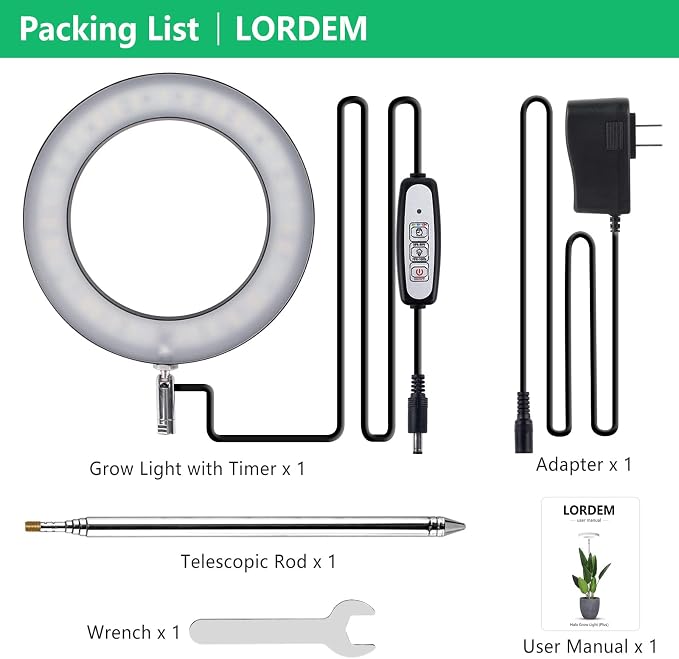 LORDEM Black Full Spectrum LED Grow Light, 72 LEDs, 4 Brightness Settings, Auto On/Off Timer, Height Adjustable, Ideal for Large Plants | 72 LEDs Plant Light, Auto Timer 4/8/12H, 4 Dimmable Levels, Height Adjustable 9.8-65 inch, Ideal for Tall Houseplants