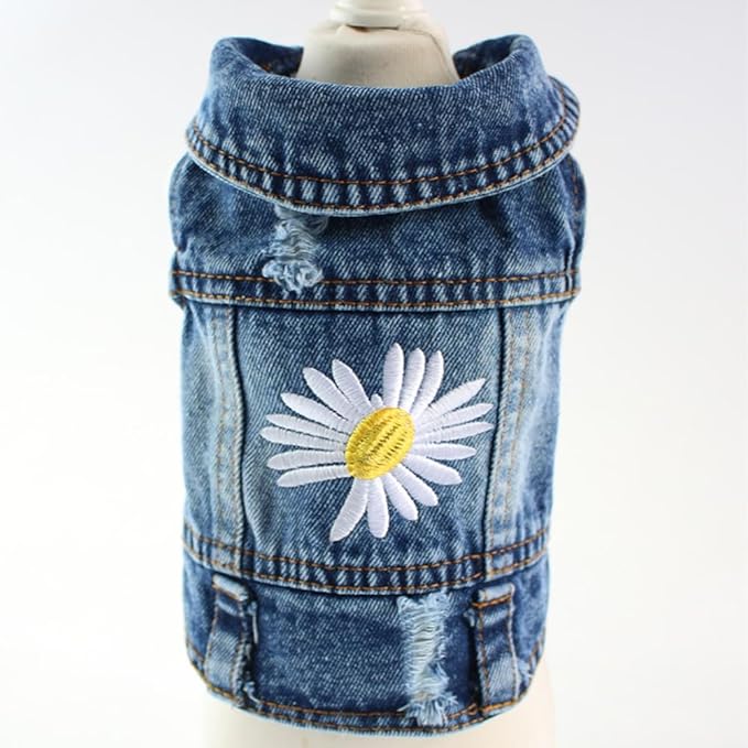 Pawstrip Dog Denim Jacket with Embroidered Daisy, Ripped Vintage Jean Vest for Small Dogs, Pugs, Chihuahuas, Spring Summer Fall Festival Outfit, Large (Fits Chest 15-16")