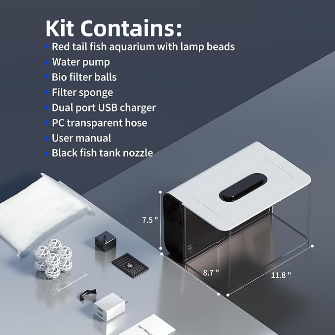Betta Fish Tank Kit 2.5 Gallon with Hidden Filtration, Light, Lid, Acrylic | Dry-wet Separation Filtration, Self-cleaning, Ultra-quiet, 3 Color Light, 10 Brightness, Adjustable Water Flow, Round Corner