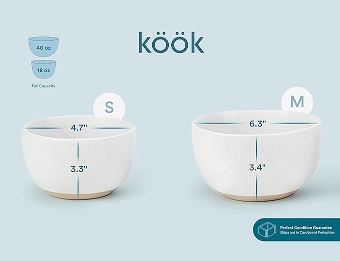 KooK Mixing Bowls, Ceramic Nesting Bowls, Stoneware Kitchen Bowls, For Prep, Serving, Dishwasher Safe, 18/40/90/140 oz, Set of 4, Moonstone