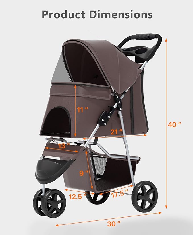 OS MOTOR Pet Stroller with 3 Wheels for Small/Medium Pets, Portable Travel Foldable Carrier Jogger for Dog Cat Puppy Kitty, Rear Wheel Breaks, Storage Basket, Visible Mesh with Weather Cover (Coffee)