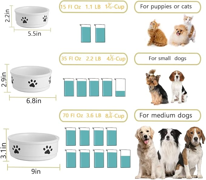 Sweejar Ceramic Dog Bowls with Paw Pattern, Dog Food Dish for Medium Dogs, Porcelain Pet Bowl for Water 35 Fl Oz (Beige)