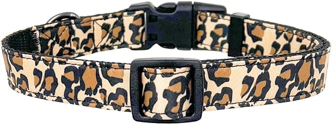 Dog Collar Leash Set, Leopard Pattern, Nylon Webbing Plus Cotton Ribbon, 5ft Matching Leash, for Medium Dogs.(M, Brown Leopard)