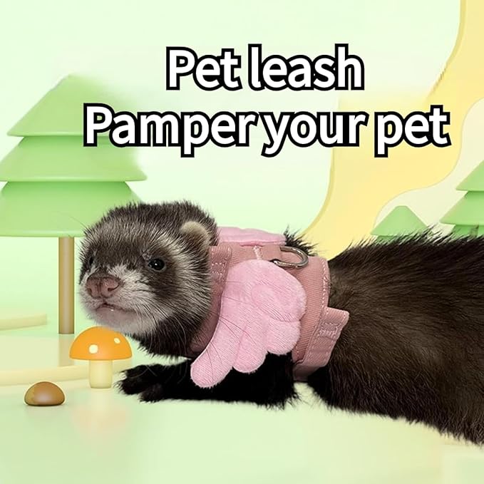 Ferret Harness Leash with Adjustable Buckle Soft Breathable Pure Cotton Cloth Walking Vest with Angel Wings for Small Pet Squirrel Guinea Pig Rabbit Kitten (Pink)