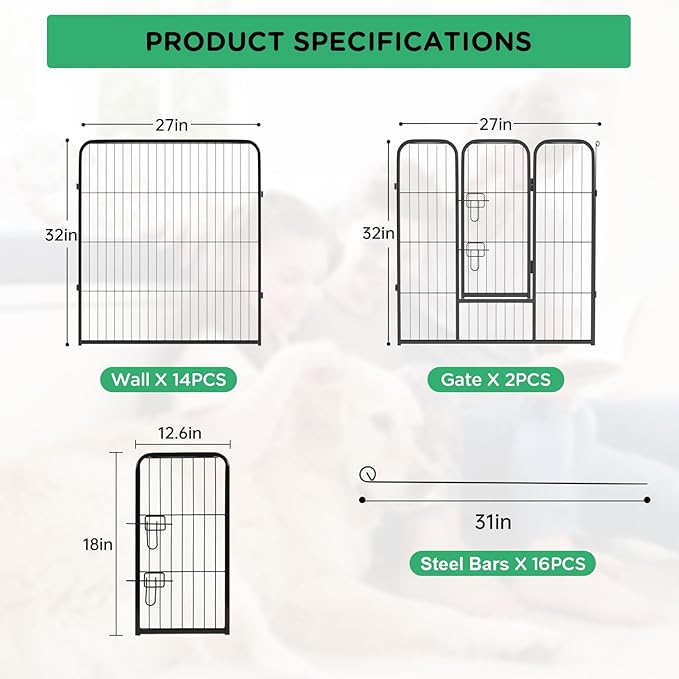 BestPet | Dog Playpen | 32 Inch, 32 Panels | Heavy Duty Metal Pet Exercise Pen | Indoor Outdoor Fence Panels | Rust-Resistant, Removable, Tool-Free Setup | Anti-Skid, Expandable Design