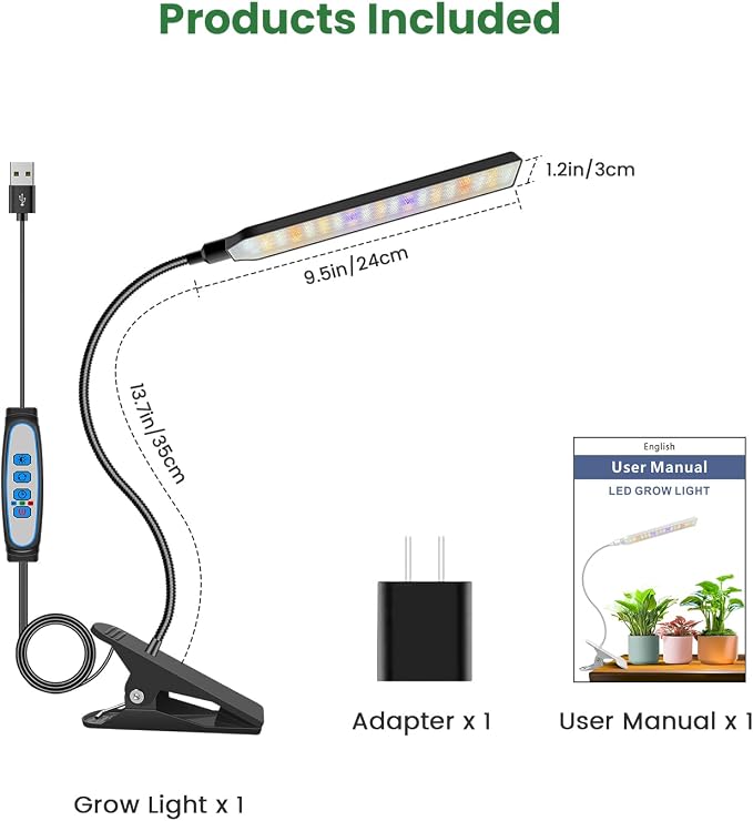 Kullsinss Clip-on Plant Lights for Indoor Growing, 57 LEDs 10W Grow Light | Full Spectrum Grow Lamp with Timer & Dimmable, Black Gooseneck Plant Lamp for Seed Starting, Succulents, Seedlings