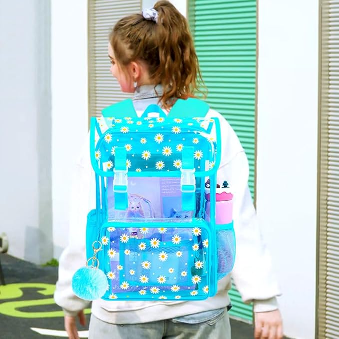 17" Daisy Clear Backpack for Girls - 3Pcs Flip Design Stadium Approved Set, Waterproof Campus/School Transparent Bookbag (Blue)