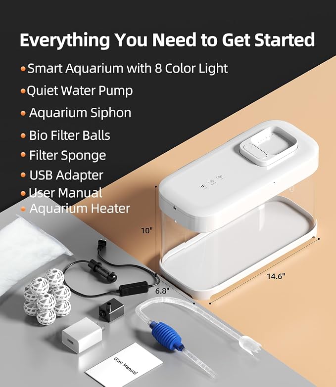 3 Gallon Fish Tank Starter Kit with Heater Hidden Filtration Light Acrylic | Temperature Monitor, 8 Color Lighting, Self-cleaning, Round Corner, Rimless, for Betta Shrimp Guppy, White, Detachable Lid
