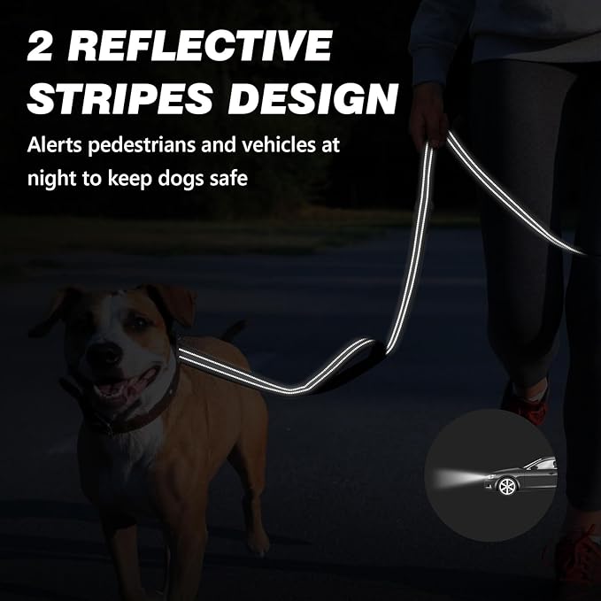WINGOIN Dog Leash for Large Medium Small Dogs, Heavy Duty Dog Leashes with Double Handle, Poop Bag Holder, Car Seat Belt Buckle, Reflective Tactical Pet Lead for Walking, Training (Black, 5FT)