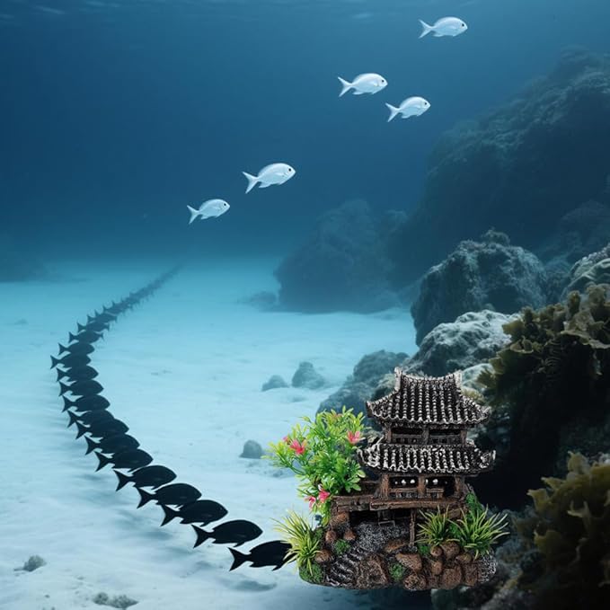 Aquarium Decoration Chinese Ancient Tower, Resin Small Fish Tank Hideout Hut Accessories, Artificial Landscape Decor Hideaway House with Tree Moss, Hollow Hideout Castle Ornament (Building)
