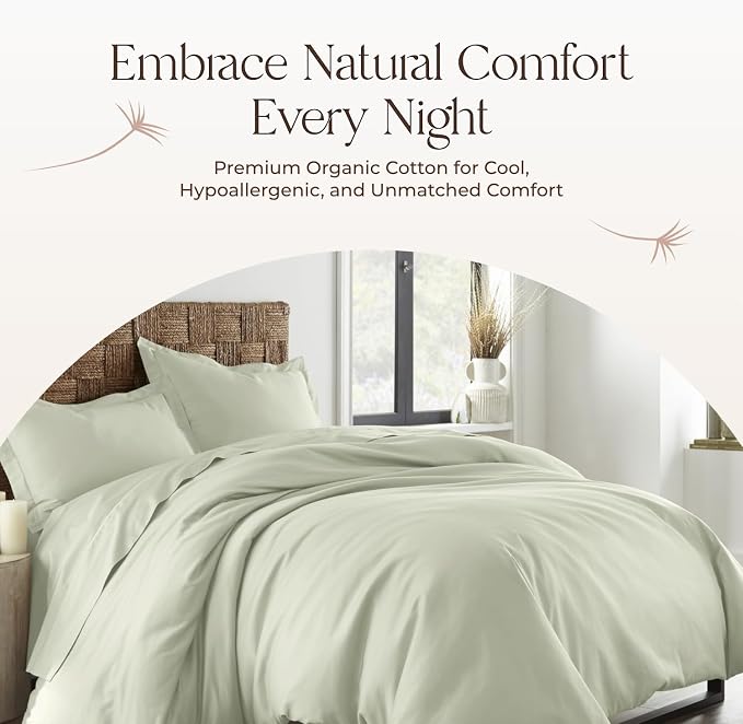 100% Organic Cotton Duvet Cover Twin Size - Naturally Soft Lightweight & Cooling Duvet Cover Set with Decorative Shams - Premium GOTS Certified 300 Thread Count Sateen Weave (Pastel Green, Twin)