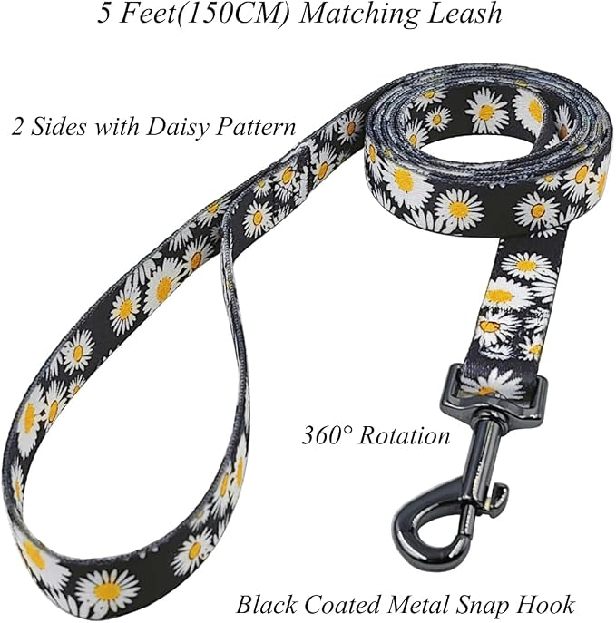 Dog Collar and Leash Set, Cute Daisy Pattern, Polyester Material, 5ft Leash, for Puppy Dogs.(Extra Small,Black Daisy)