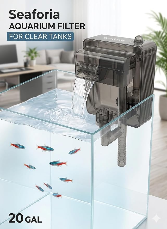Aquarium Filter, Quiet Fish Tank HOB Filters 160GPH, 10W for 20 to 30 Gallon Aquariums with Adjustable Water Flow Extendable Intake Tube Surface Skimmer External Hang-On Back