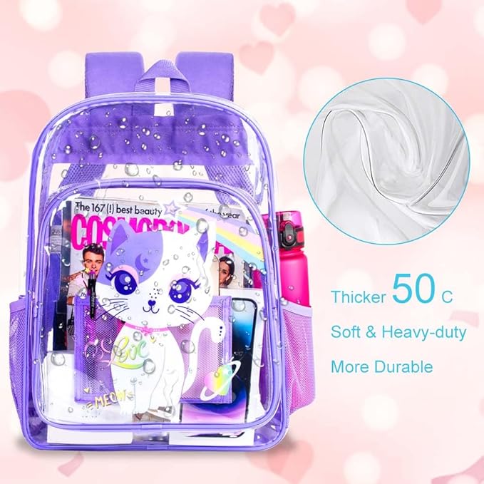 KLFVB 3PCS Clear Backpack for Girls and Boys, Kids See Through Backpacks Stadium Approved, Transparent Bookbag for Elementary