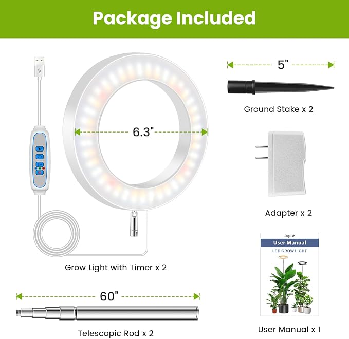 Kullsinss 6.3in Grow Light, Full Spectrum Plant Lights for Indoor Growing | White Plant Lamp with 6/12/16H Auto Timer, 5 Brightness Levels, 10-60in Height Adjustable, for Indoor Tall Plants (2-Pack)