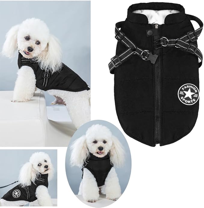 Aiboria Dog Coat for Winter Waterproof Dogs Jackets Windproof Fleece Small Dog Vest Harness Winter Padded Pet Black S