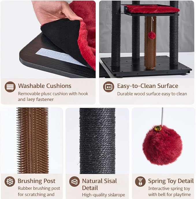 FourFurPets Heavy Duty Cat Tree, 67.7" Cat Tree for Indoor Cats Large Adult, Modern Cat Tower for Large Cats, Cat Tower with Scratching Post, Large Perch and Removable Pads,Black & Red