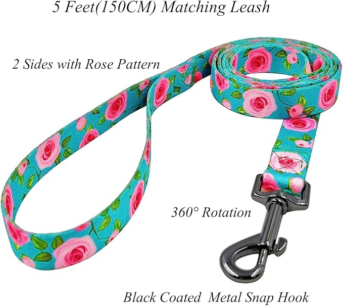Dog Collar and Leash Set, Rose Pattern, Polyester Material, 5ft Matching Leash, for Large Dogs.(L, Green Rose Set)