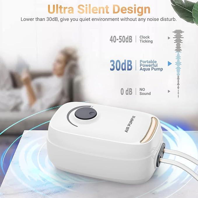 MoonOrange 3W/6W Aquarium Air Pump, Adjustable Aquarium Aerator with 2-Outlet, Super-Powerful & Quiet Oxygen Pump for Fish Tanks up to 100/200 Gallon with Full Accessories.(Upgrade Noise-Reduce)