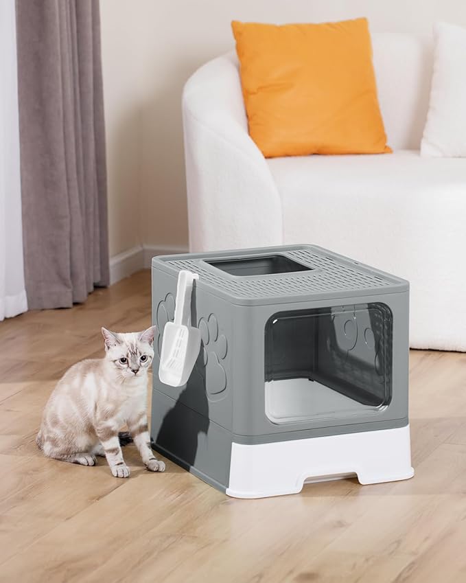 Covered Litter Box, Large Litter Box for Big Cats, Enclosed Cat Litter Boxes with Lid, Top Entry Kitty Litter Box with Scoop, Odor Control, Easy to Clean (Grey)