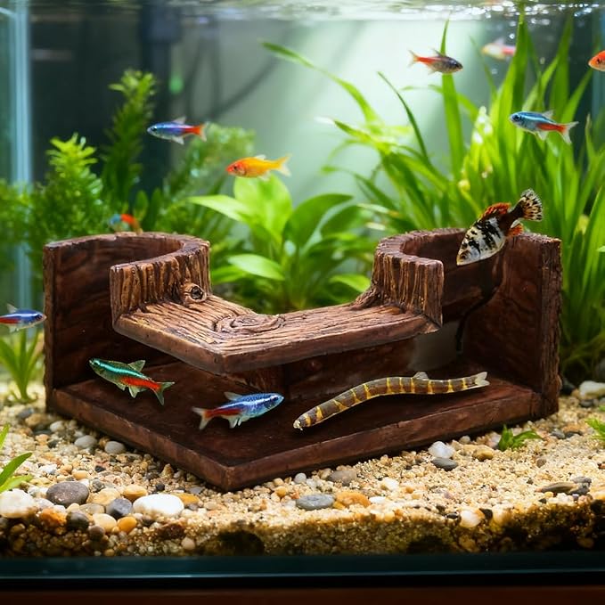 Aquarium Cave, 5.1” x 2” x 2.6” Wood-Like Fish Tank Cave for Corners, Fish Tank Accessories Tunnel Cave & Hideout for Aquarium Guppy, Corydoras Catfish, Bettas Hide(Color:Brown)
