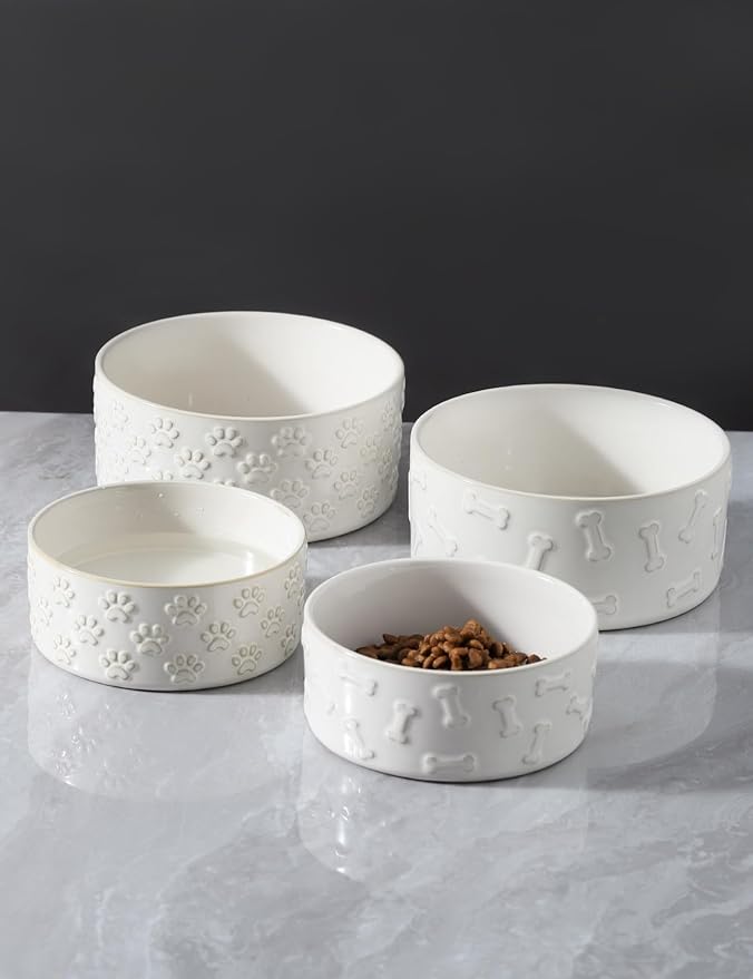 UBEE Ceramic Dog Bowl Set of 2, 5.1 inch Dog Food Bowl, Pet Food Water Dish Feeding for Small Dogs and Large Cat, Bone Pattern, 5.1 in-Small, White