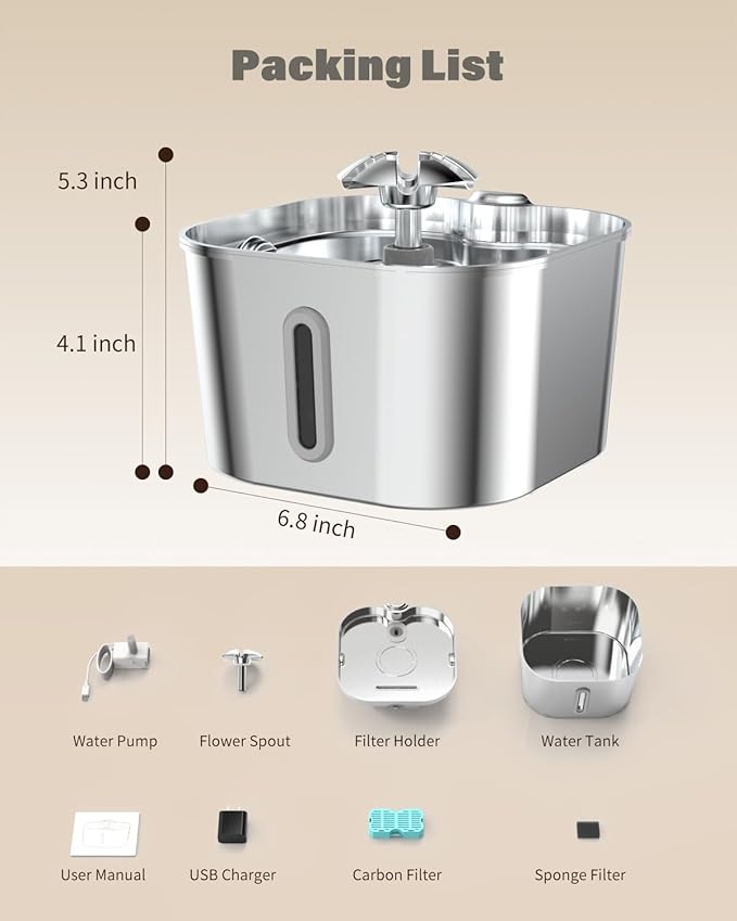 Cat Water Fountain Stainless Steel with 4 Filters & 4 Sponges, 74oz/2.2L Automatic Pet Drinking Fountain, Indoor Water Dispenser for Cats, Kittens, Small Dogs and Pets, Quiet Circulating Pet Fountain