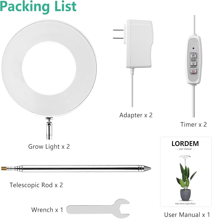 LORDEM Grow Light, Full Spectrum Plant Light for Indoor Growing | 72 LEDs, Timer 4/8/12H, 4 Dimmable Levels, Height Adjustable 65 inch, Ideal for Tall Houseplants, White 2 Pack
