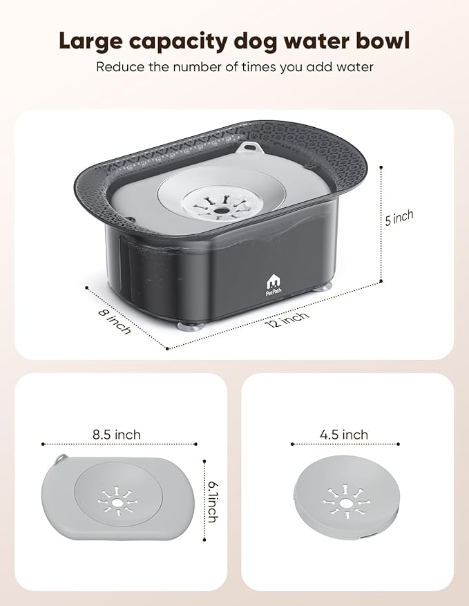 Dog Water Bowl, 2.2L No Spill Water Bowl for Dogs,with Suction Cup Foot Pad Reduce Refill, Anti Splash No Mess Dispenser Dripless Slow Drinking Water Bowl for Sloppy Messy Drinkers (Gray)