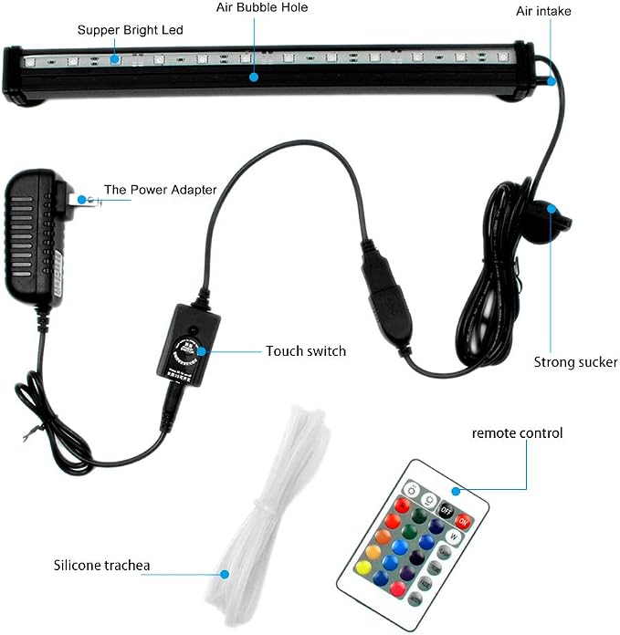 Submersible Aquarium Light:Fish Tank Light with Air Bubble Hole-RGB Color Changing Brightness Adjustable IP68 Waterproof Remote Control LED Light for Aquarium Fish Tank 12 inch