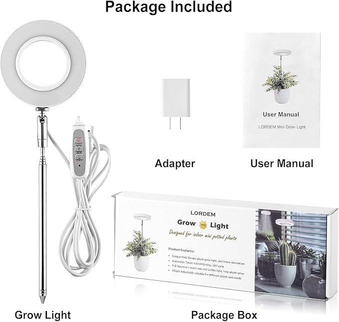 LORDEM Full Spectrum LED Grow Light for Indoor Plants | Height Adjustable, Auto On/Off Timer 4/8/12H, 4 Dimmable Brightness, Ideal for Small Plants