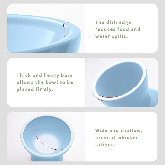 CEEFU Extra Wide Elevated Ceramic Cat Food Bowl - 6.2" Shallow Dish for Whisker Fatigue Relief, 5" Height for Easy Feeding, Lead & Cadmium Free, Durable Raised Cat Food Bowls, Blue
