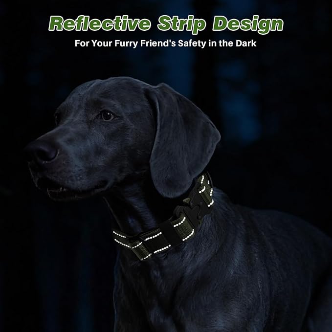 WINGOIN Tactical Dog Collar, Reflective Dog Collar with AirTag Holder for Large Dogs, Metal Buckle, Heavy Duty, Nylon Control Handle for Hunting, Training, Walking, Green,M