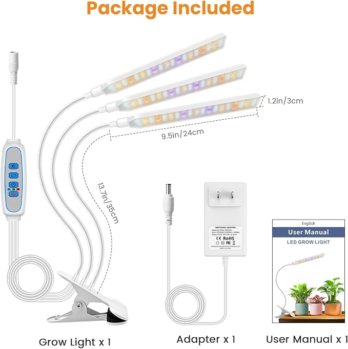 Kullsinss Clip-on Plant Lights for Indoor Growing, 171 LEDs 24W Grow Light | White 3-Gooseneck Plant Lamp for Seedlings, Full Spectrum Grow Lamp with Red Blue Yellow White LEDs, Timer & Dimmable