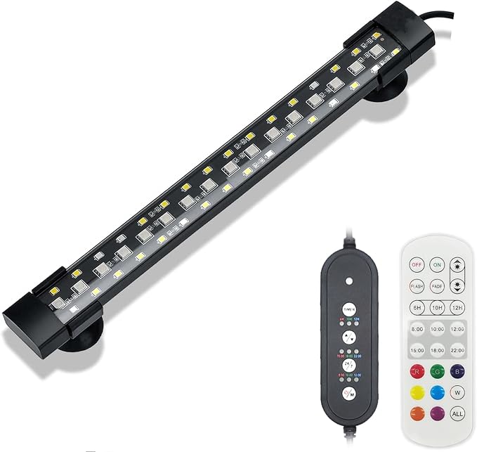 Underwater LED Aquarium Light, Full Spectrum Hidden Fish Tank Light with 3 Rows Beads 7 Colors Auto On Off Sunrise-Daylight-Moonlight, Adjustable Timer Remote Control