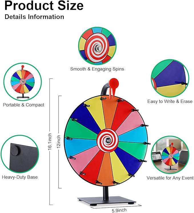12 Inch Spinning Wheel for Prizes, 14 Slots Prize Wheel with Stand, Customizable Spinner Game for Classroom, Carnival, and Office Events