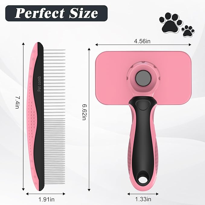 2PCS Self Cleaning Slicker Brush & Dog Comb - Skin Friendly Deshedding Grooming Tool for Dogs, Cats and Small Animals, Professional Deshedding Dematting Tool for Long and Short Haired Pets (Pink)