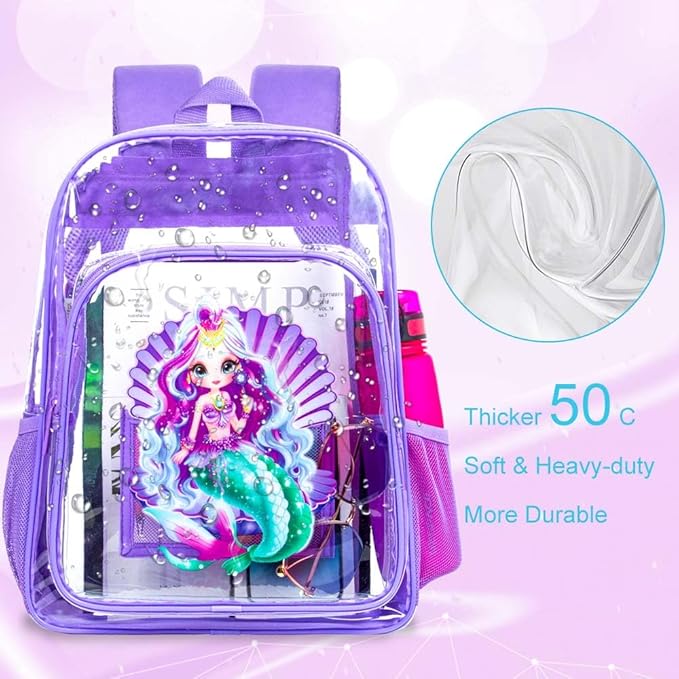AGSDON 3PCS Clear Backpack for Girls, Kids Mermaid Transparent Bookbag Heavy Duty, Cute See Through Backpacks with Lunch Bag - Purple