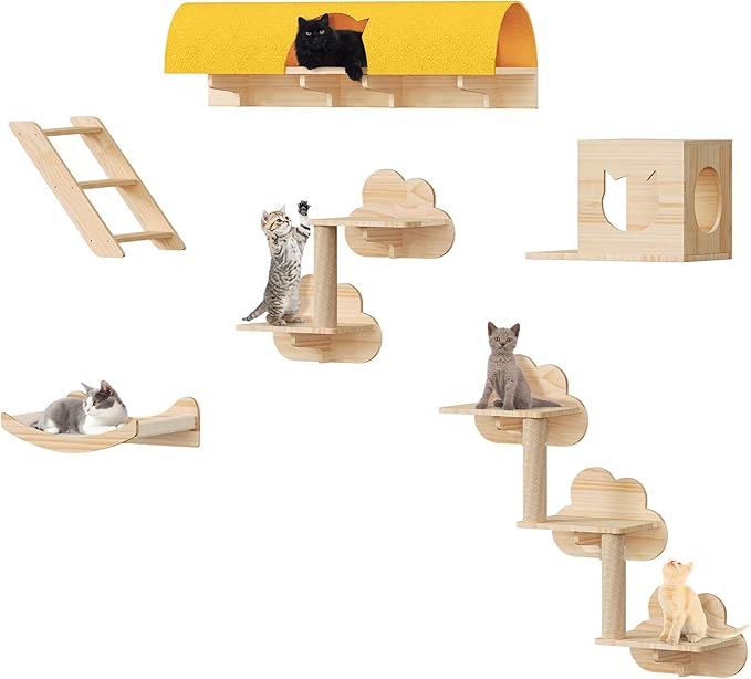Cat Wall Shelves with Tunnel, 12-in-1 Solid Wood Wall Mounted Cat Furniture with Scratching Post, Cave & Steps, Multi-Level Cat Climbing Wall Systems, Space Saving, Floating Cat Shelves