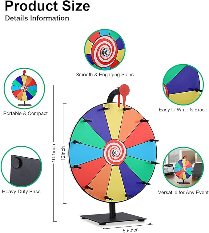 Prize Wheel 12 Inch, Spinning Wheel with 12 Writable Slots, Durable Spin The Wheel Game with Stand for Events, Classroom Games, and Party Raffles