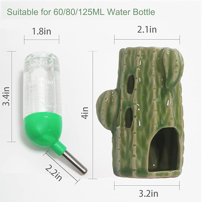 2-in-1 Adjustable Hamster Water Bottle for Glass Tank - 80ML, No Drip Ceramic Holder for Dwarf Hamster, Mice, Rat (Light Green)