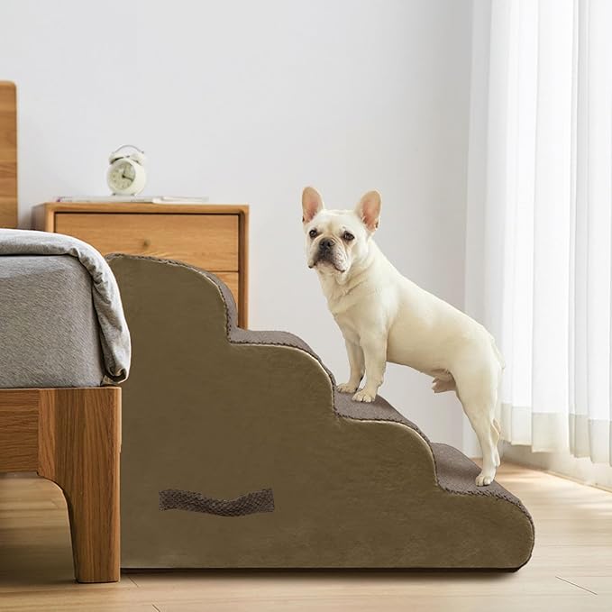 PAWSCRAT Pet Stairs for Dogs 4-Step, 19.6" H Pet Stairs for High Bed, Couch Sofa & Chair, 30D Material Soft Foam Dog Steps with Non-Slip Bottom Surface Removable Washable Cover, Brown