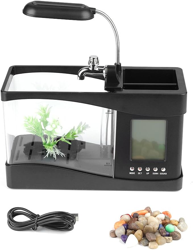 Mini Fish , Multifunctional USB Rechargeable Fish Desktop Electronic Aquarium with Clock Function LED Light Pen Holder for Office, Home