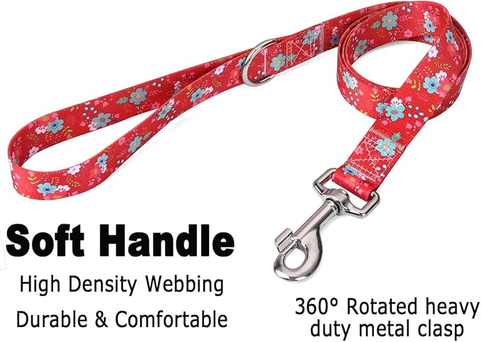 Mihqy Dog Collar and Leash Set with Bohemia Floral Tribal Geometric Patterns - Soft Ethnic Style Collar Adjustable for Small Medium Large Dogs(Red Floral Set,S)
