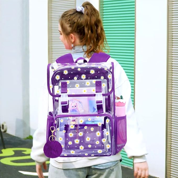 17" Daisy Clear Backpack for Girls - 3Pcs Flip Design Stadium Approved Set, Gym/Concert Transparent Bookbag (Deep Purple)